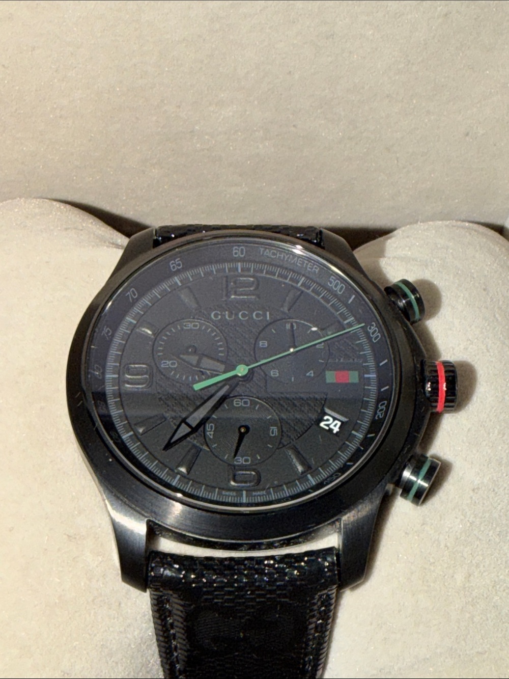 Gucci Black Dial Men's Chronograph Watch with Green Accents in original box NWT
